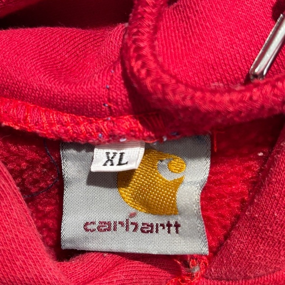 CARHARTT Sx XL Red Hoodie Sweater Front Pocket Hooded Logo On Sleeve - Picture 10 of 12